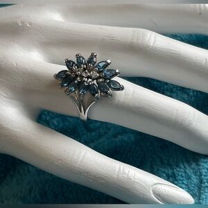 Vintage 18k GE Silver ring Sapphire and CZ or diamonds sz 6